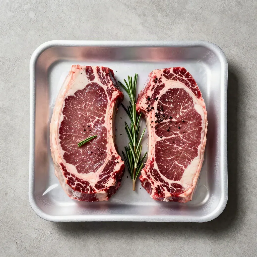 Overhead sirloin pack with two steaks, pepper, rosemary, and cold mist on pale concrete.