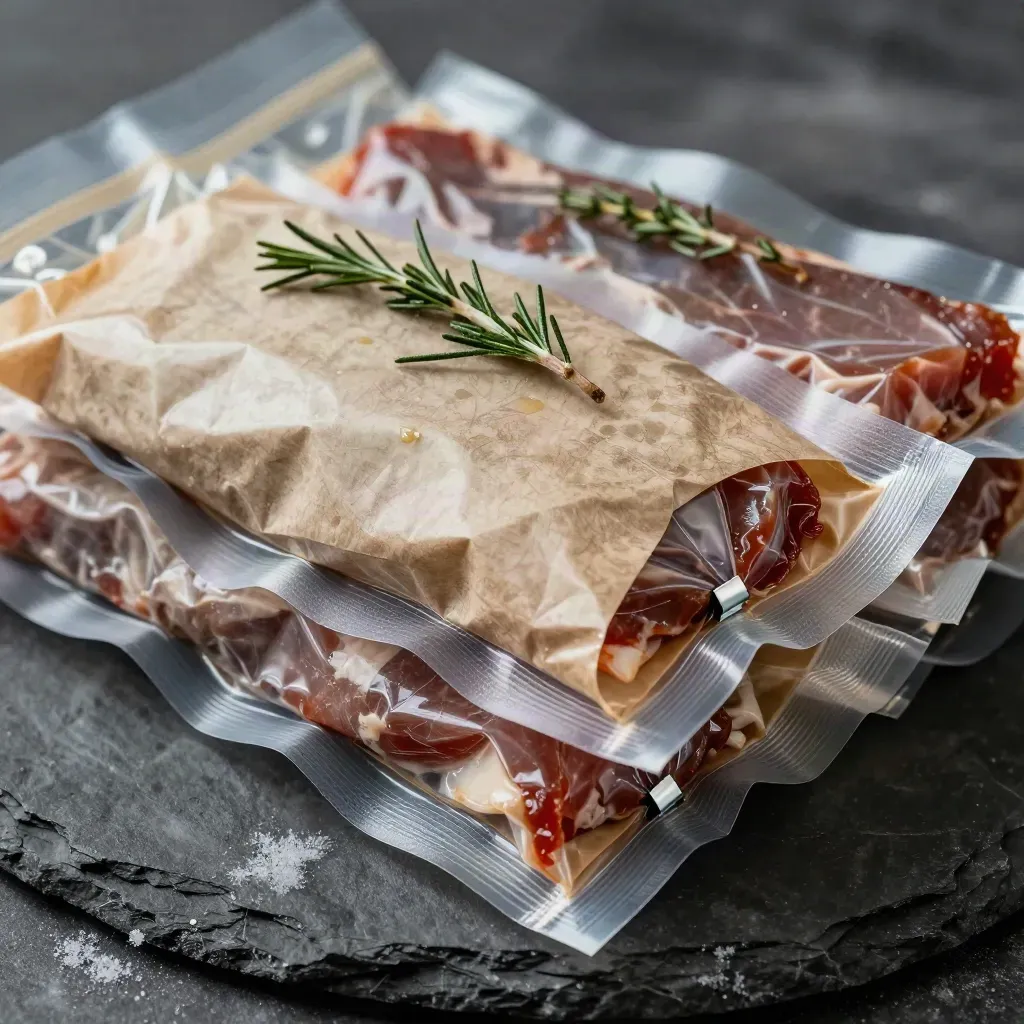 Lean Meat family bundle of vacuum packs and butcher paper on stone with herbs