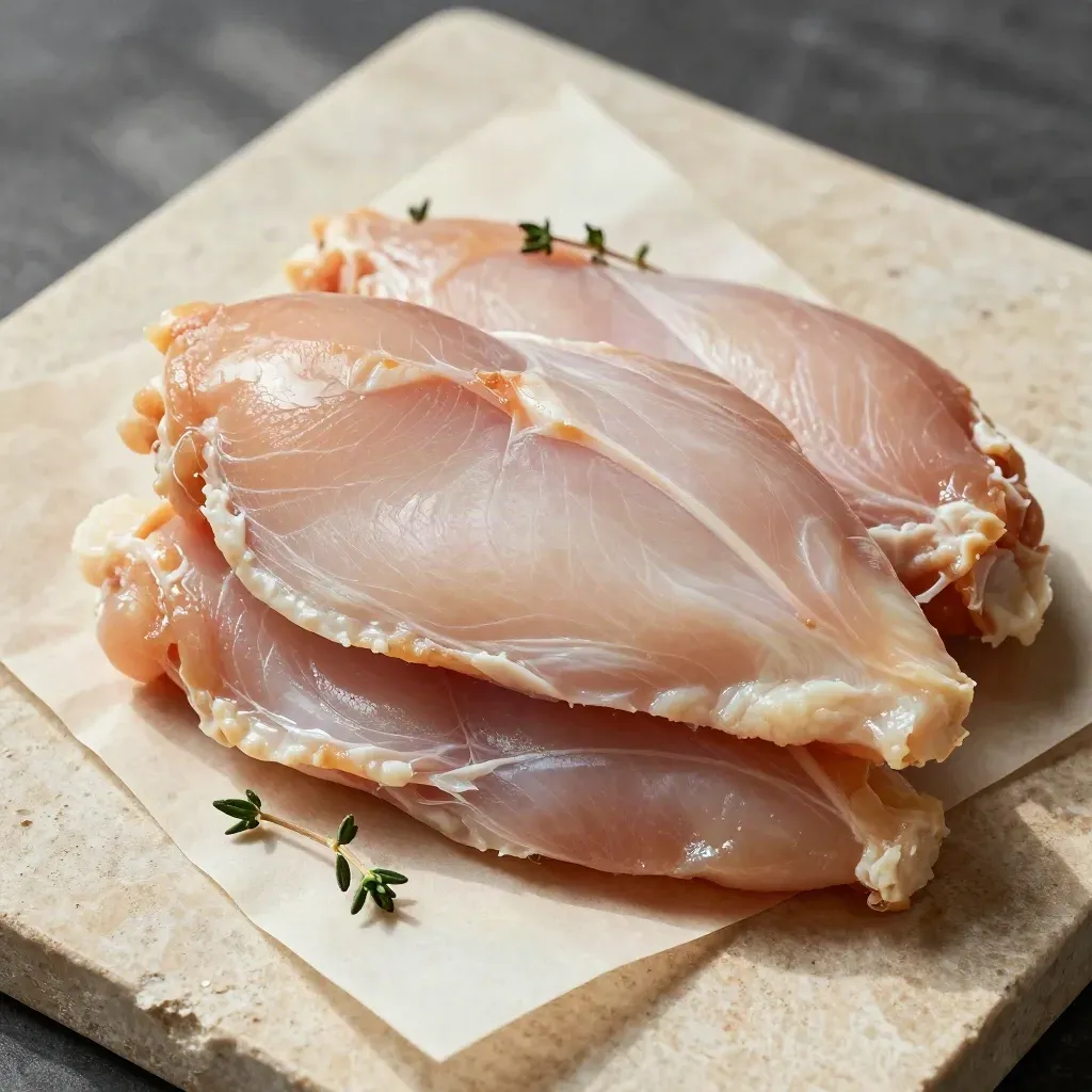 Overhead chicken breast stack on parchment with thyme on pale stone slab