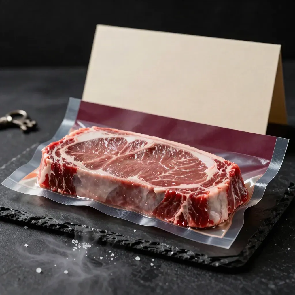 Unbranded chilled sirloin pack on damp slate with salt crystals and cool vapor