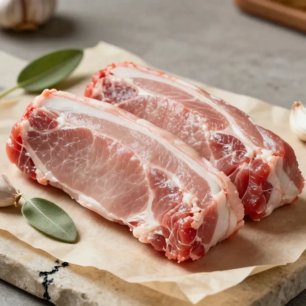 Macro of two trimmed pork tenderloins on stone with garlic, sage, and parchment.