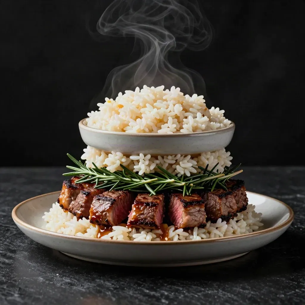 Seared steak, rice bowls, and greens on a dark surface with steam and dramatic rim light